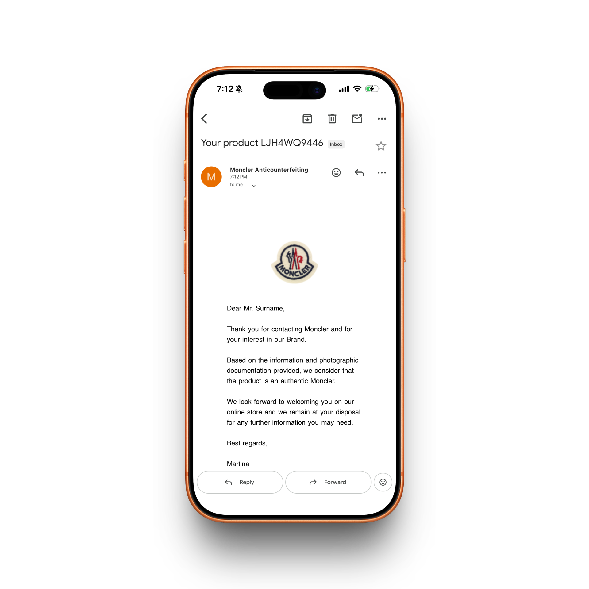 Moncler Authentication Receipt