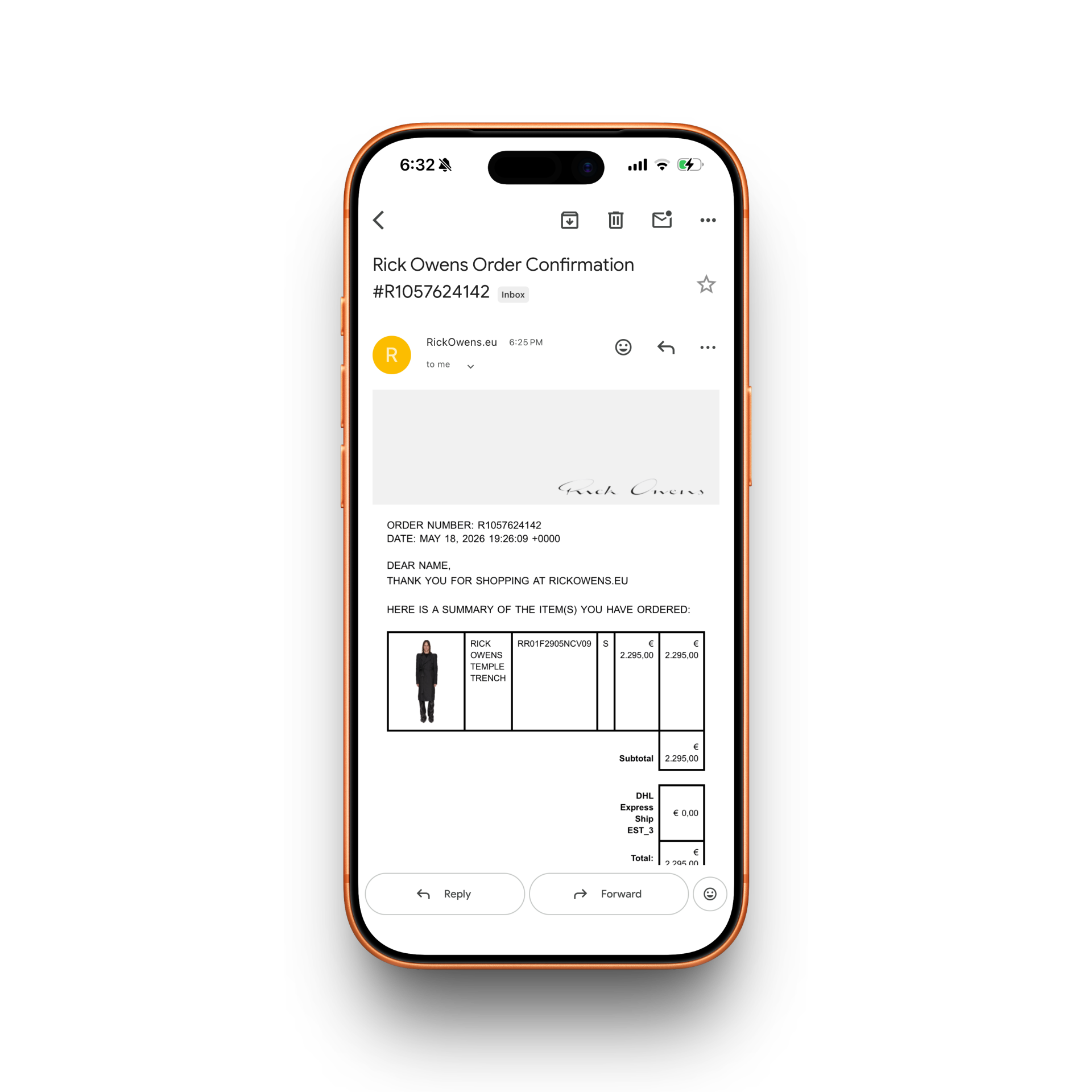 Rick Owens Receipt
